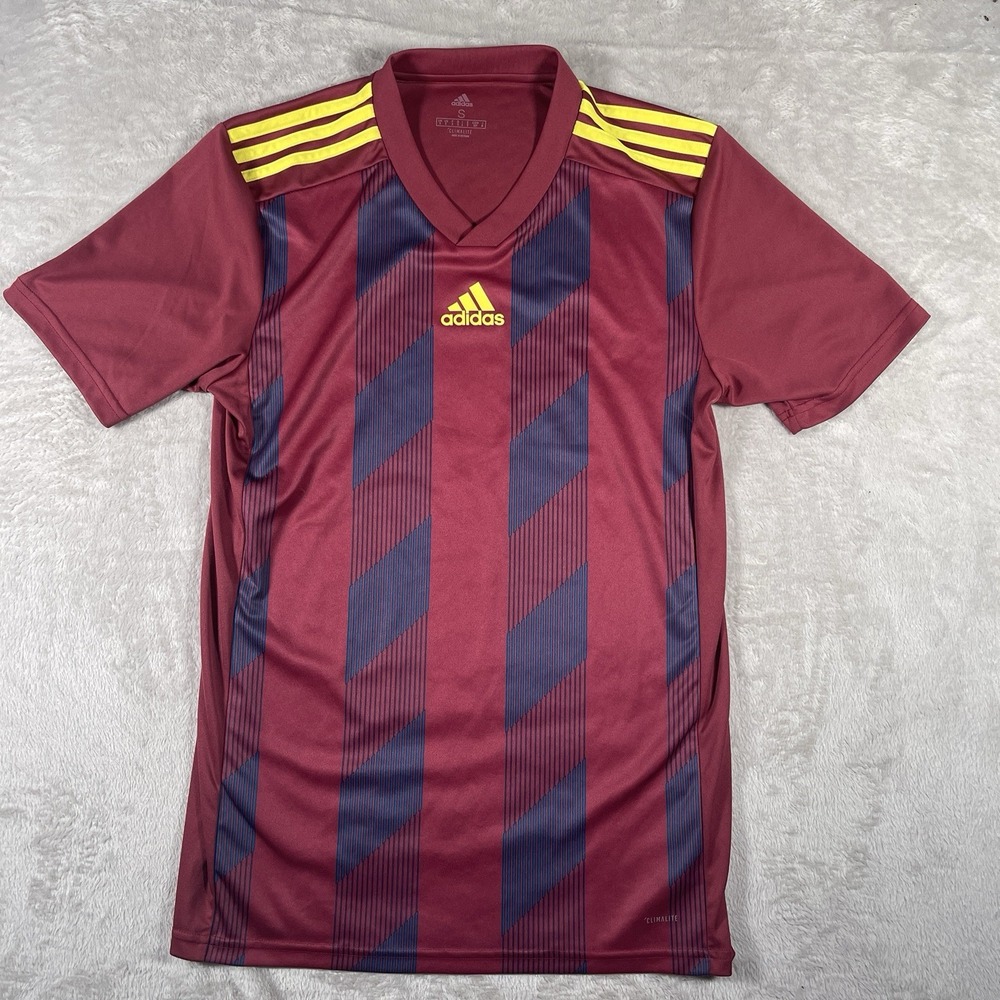 Adidas ClimaLite Soccer Jersey Athletic Striped Maroon Yellow Mens Size S